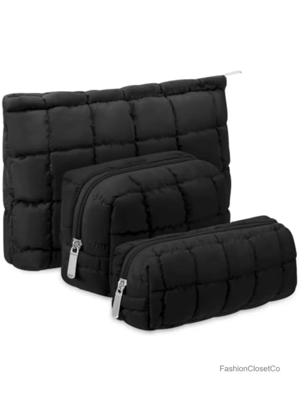 Puffy Quilted Makeup Bag Set of 3 Cosmetic Pouch Travel Toiletry Organizer with